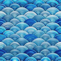 Fototapeta premium A seamless pattern features an array of overlapping rounded shapes with concentric lines rendered in diverse blue hues