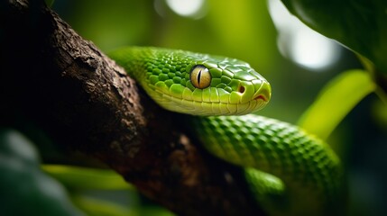 Green arboreal snake viper resting on tree branch