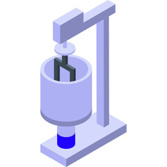Isometric mechanical device with blue base and gray arms against a light purple backdrop for scientific illustration