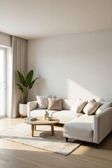 Serene Minimalist Living Room Open Plan Design with Natural Light, Neutral Palette, and Elegant Furniture Perfect for Relaxation and Contemplation