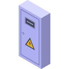 Isometric perspective of a pale purple electrical control box with a yellow warning triangle and a small digital display screen on a clean white background