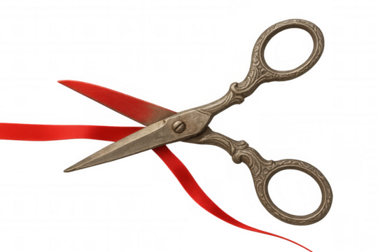 Vintage ornate scissors cutting red ribbon, symbolizing grand opening, ceremony, new beginning, inauguration