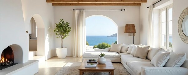 Sunlit Living Room with Whitewashed Walls, Exposed Beams, and Elegant Furnishings Coastal Greek Island Home Decor Inspiration