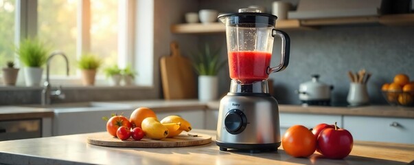 Sleek Modern Blender on Kitchen Countertop Ready for Use, Fresh Fruit Nearby, Gleaming Glass Jar, Modern Kitchen Appliances