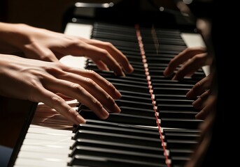 Fototapeta premium Hands gracefully gliding across a grand piano keyboard in a performance setting conveying artistry and musical passion