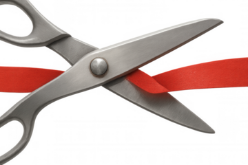 Stainless steel scissors cutting red ribbon, symbolizing grand opening, new beginning, ceremony, or inauguration on transparent background