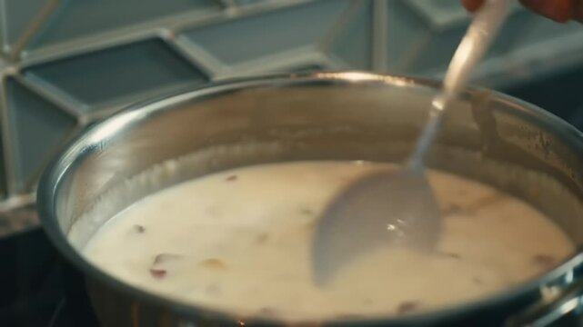 Cooking cream liquid in a silver pot stirring with a spoon