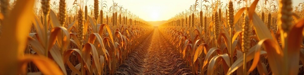 Golden Hour Cornfield Rows of Harvested Stalks Bathed in Autumn Sunlight, Rustic Late Summer Landscape, Earthy Textures, Dry Leaves, Agricultural Scene