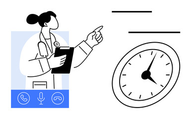 Female doctor holding clipboard, pointing, surrounded by call icons, digital clock portraying telemedicine, remote healthcare, virtual appointments. Ideal for medical technology, scheduling