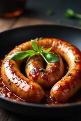 Sizzling Italian Sausages A Close-Up of Herb-Seasoned, Golden-Brown Italian Sausage Links Cooking in a Pan, Ready to Serve.  Appetizing and Savory.