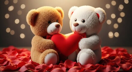 Romantic Teddy Bear Couple with Heart on Red Rose Petals