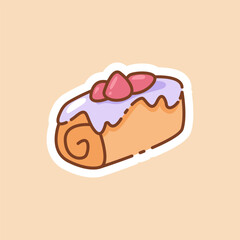 Cute kawaii cake roll with purple icing and strawberries on beige background. Perfect for stickers, bakery packaging, dessert illustrations, cafe branding, and sweet design projects.