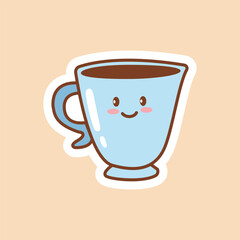 Cute kawaii blue coffee cup with smiling face on beige background. Perfect for stickers, cafe branding, packaging, cozy drink-themed illustrations and cheerful children’s designs.