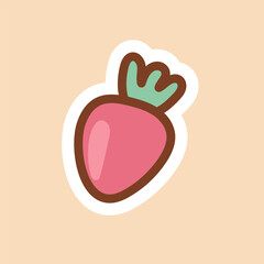 Cute kawaii strawberry with green leaves on beige background. Perfect for stickers, packaging, fruit-themed illustrations, children’s designs and summer sweet projects.