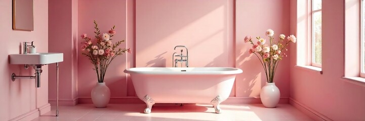 Serene Pink Bathroom Clawfoot Tub, Floral Accents, Relaxing Spa Atmosphere. Perfect for Home Decor, Interior Design, and Wellness Websites.