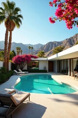 Palm Springs Mid-Century Modern Oasis Sun-Drenched Poolside Relaxation with Lush Landscaping and Vibrant Bougainvillea