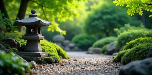 Tranquil Japanese Zen Garden Stone Lantern, Raked Gravel, Lush Greenery