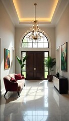 Spacious Farmhouse Foyer with Stunning Chandelier Elegant Entryway Design