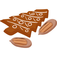 Christmas Tree Shaped Gingerbread Cookie with White Icing and Two Almond Nuts on a Transparent Background