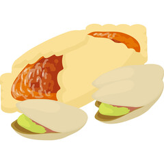 Two Pistachio Nuts in Shell and One Peeled Pistachio Kernel Snack Food Illustration Isolated on Transparent Background