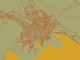 Graphic flat color map of Tebessa, Algeria in sage/olive tone field with rust networks and ochre shapes, cream water.