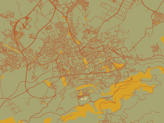 Fototapeta premium Decorative flat city map of Tlemcen, Algeria using olive backdrop with warm rust street network and ochre blocks.