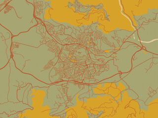 Fototapeta premium Flat painterly map of Tizi Ouzou, Algeria in sage/olive tone field with rust networks and ochre shapes, cream water.