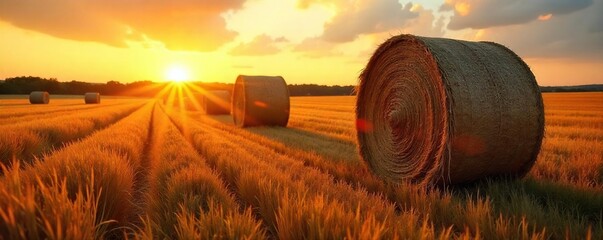 Golden Sunset Hay Bales  A Successful Harvest in a Serene Field, Ready for Transport.  These large round bales represent the culmination of a growing season, bathed in warm evening light.
