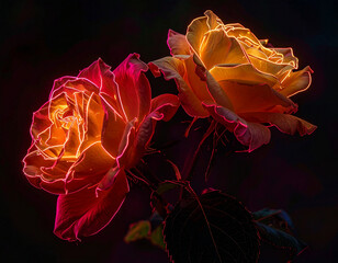 Neon-lit Rose Bloom with Glowing Petal Outlines on Dark Background
