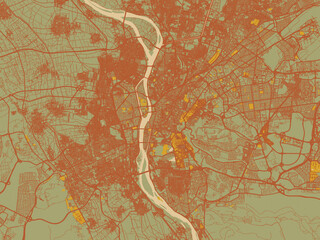 Vector-style flat map of Cairo, Egypt with sage/olive tone field with rust networks and ochre shapes, cream water.