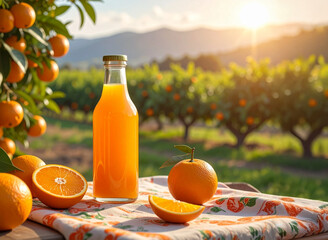 Fresh Orange Juice and Fruits Set Outdoors in Orchard Scene