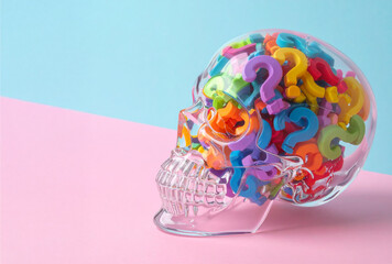 Colorful Question Marks inside Skull-Shaped Container on Pastel Background
