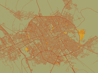 Poster-ready flat map of Kerman, Iran, sage green ground with rust-red roads and ochre accents.
