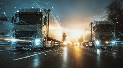 Smart digital Innovation Container truck in ship port for business Logistics and transportation of Container Cargo ship and Cargo plane with working crane bridge with world map