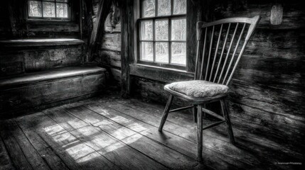 Wooden chair with cushion sits next to a window in a rustic cabin room in monochrome