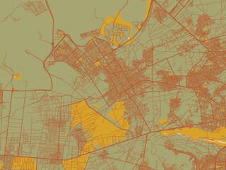 Stylized minimalist map of Khomeyni Shahr, Iran in muted sage base, rust-colored roads, and soft ochre highlights.