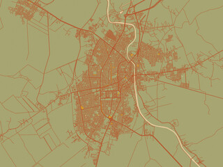 Poster-ready flat map of Al Hillah, Iraq, sage/olive tone field with rust networks and ochre shapes, cream water.