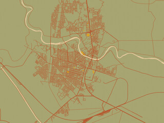 Vector-style flat map of As Samawah, Iraq with sage green ground with rust-red roads and ochre accents.