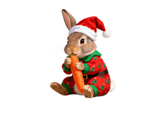 Festive bunny in Christmas suit eating a carrot