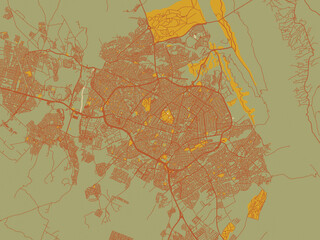 Graphic flat color map of As Sulaymaniyah, Iraq in olive backdrop with warm rust street network and ochre blocks.