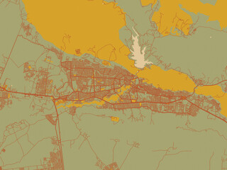 Modern flat map poster of Dihok, Iraq in earthy sage background with rust roadways and ochre details.
