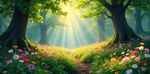 Sun-Dappled Wildflower Meadow in Lush Forest A Vibrant Spring Scene of Breathtaking Natural Beauty, Perfect for Fantasy and Nature Themes
