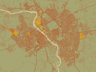 Flat painterly map of Mosul, Iraq in sage/olive tone field with rust networks and ochre shapes, cream water.