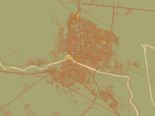 Decorative flat city map of Nasiriyah, Iraq using sage/olive tone field with rust networks and ochre shapes, cream water.