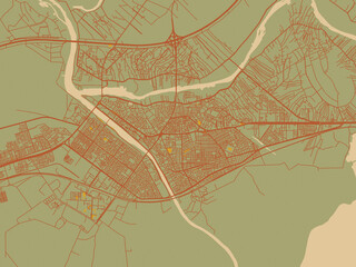 Abstract flat-design map of Ramadi, Iraq, featuring earthy sage background with rust roadways and ochre details.