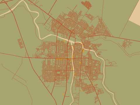 Stylized minimalist map of Al 'Amarah, Iraq in earthy sage background with rust roadways and ochre details.