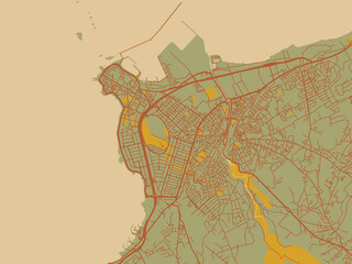Decorative flat city map of Tripoli, Lebanon using olive backdrop with warm rust street network and ochre blocks.