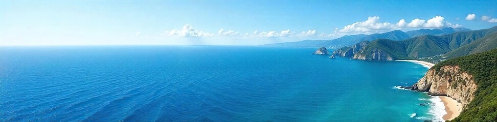 Panoramic View of Serene Deep Blue Ocean, Gentle Waves on Sandy Shore, Clear Sky - Perfect for Travel, Vacation, and Tranquility Themes