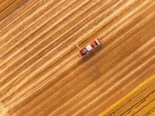 Combine harvester working on a wheat field，Aerial photos