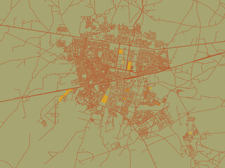 Graphic flat color map of Khouribga, Morocco in sage/olive tone field with rust networks and ochre shapes, cream water.